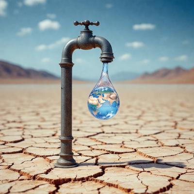 The primary subject of the image is a water fountain, which is the main object in the scene. The fountain is located in a desert-like environment, with a dry and arid setting in the background. The visual style of the image is a combination of photo and digital art, creating a unique and artistic representation of the scene. The colors in the image are predominantly earth tones, such as browns and beiges, which contribute to the overall mood of the image, which is a mix of natural